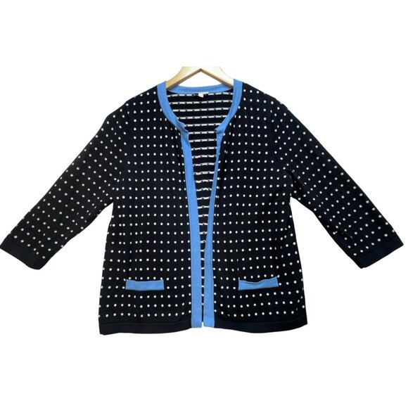 Talbots Sweaters - Talbots Womens Open Front Cardigan Sweater Sz Lp Black White Polka Dot Blue Trim